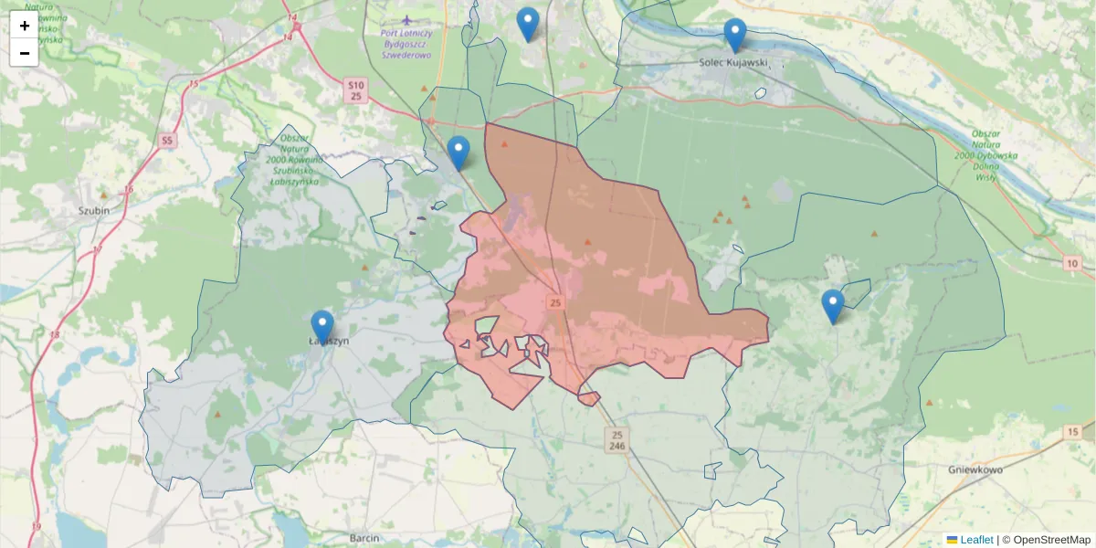 Szczegółowa mapa kodu pocztowego 86-060 z granicami, sąsiednimi kodami pocztowymi i urzędami pocztowymi