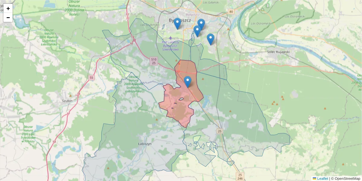 Szczegółowa mapa kodu pocztowego 86-061 z granicami, sąsiednimi kodami pocztowymi i urzędami pocztowymi