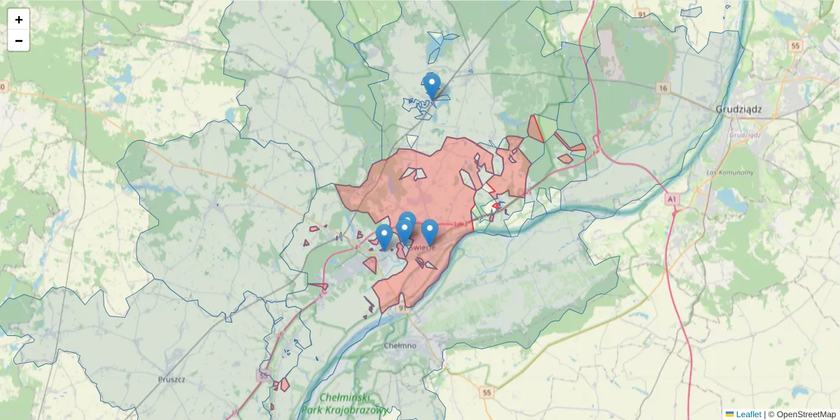 Szczegółowa mapa kodu pocztowego 86-100 z granicami, sąsiednimi kodami pocztowymi i urzędami pocztowymi