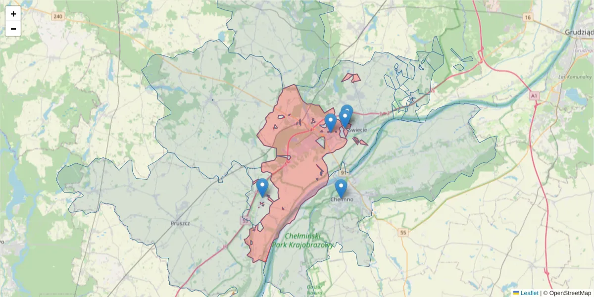Szczegółowa mapa kodu pocztowego 86-105 z granicami, sąsiednimi kodami pocztowymi i urzędami pocztowymi