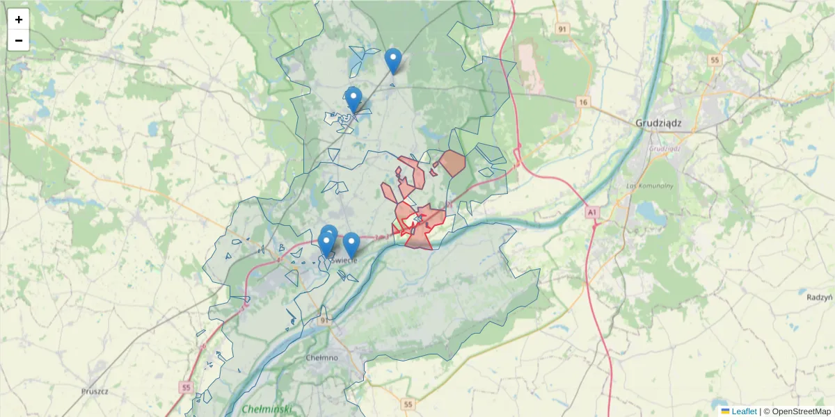 Szczegółowa mapa kodu pocztowego 86-107 z granicami, sąsiednimi kodami pocztowymi i urzędami pocztowymi