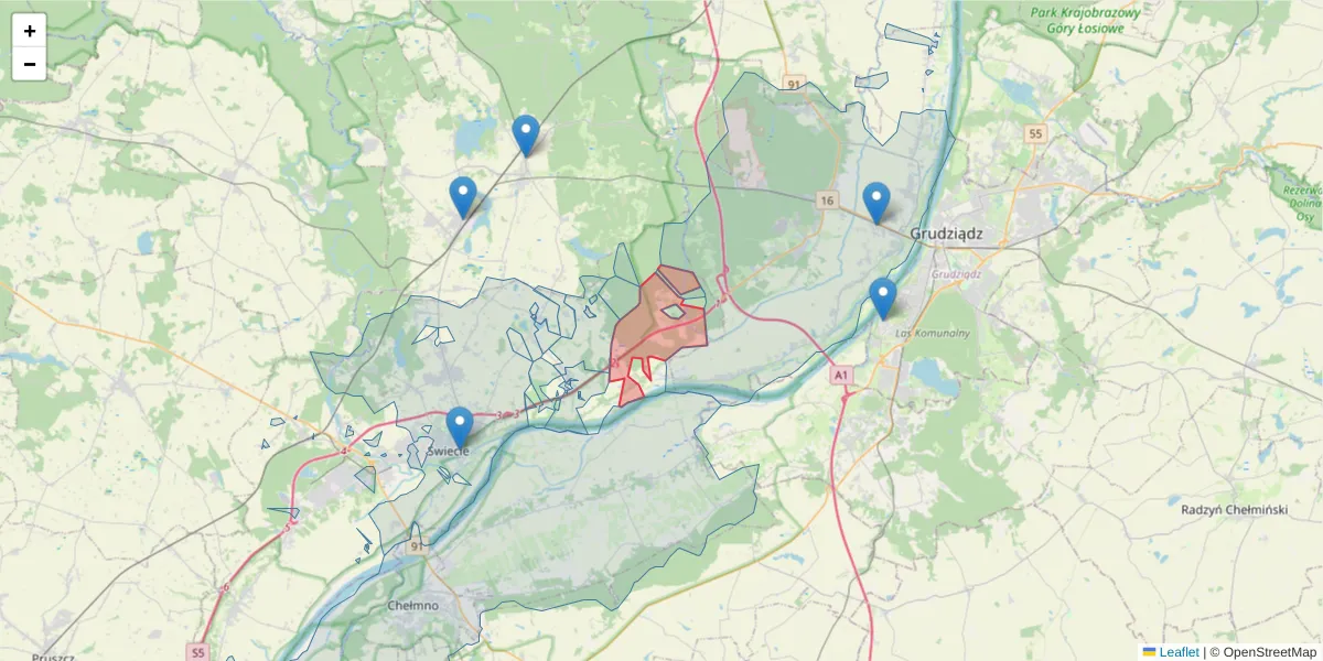 Szczegółowa mapa kodu pocztowego 86-108 z granicami, sąsiednimi kodami pocztowymi i urzędami pocztowymi