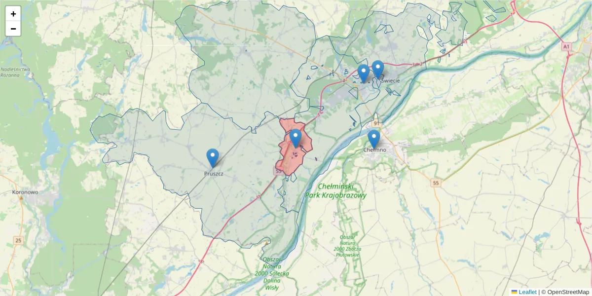 Szczegółowa mapa kodu pocztowego 86-111 z granicami, sąsiednimi kodami pocztowymi i urzędami pocztowymi