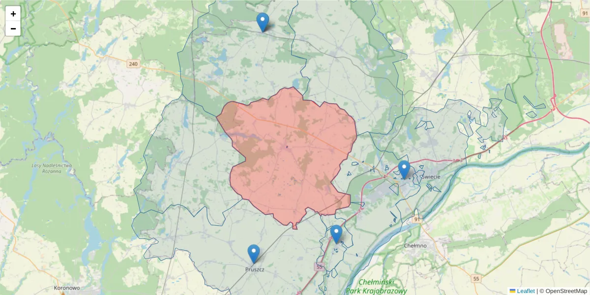 Szczegółowa mapa kodu pocztowego 86-122 z granicami, sąsiednimi kodami pocztowymi i urzędami pocztowymi
