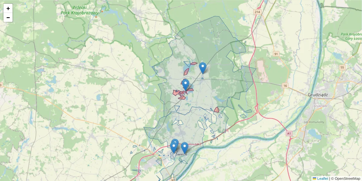 Szczegółowa mapa kodu pocztowego 86-130 z granicami, sąsiednimi kodami pocztowymi i urzędami pocztowymi