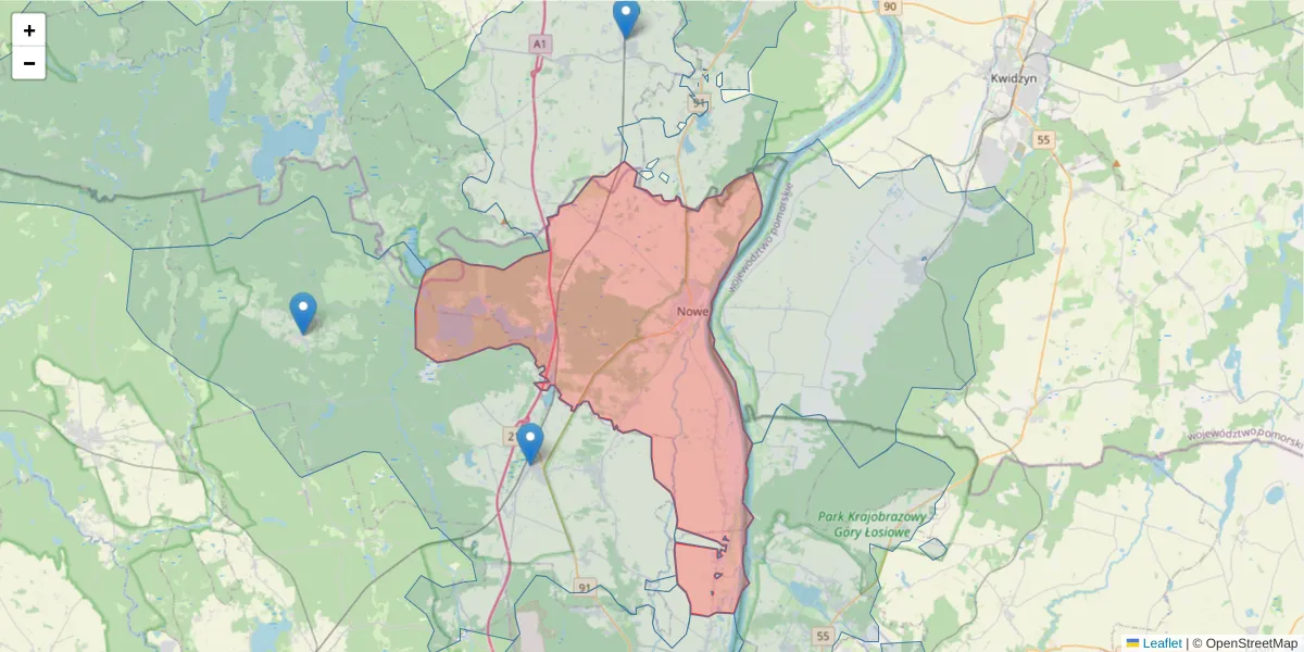 Szczegółowa mapa kodu pocztowego 86-170 z granicami, sąsiednimi kodami pocztowymi i urzędami pocztowymi