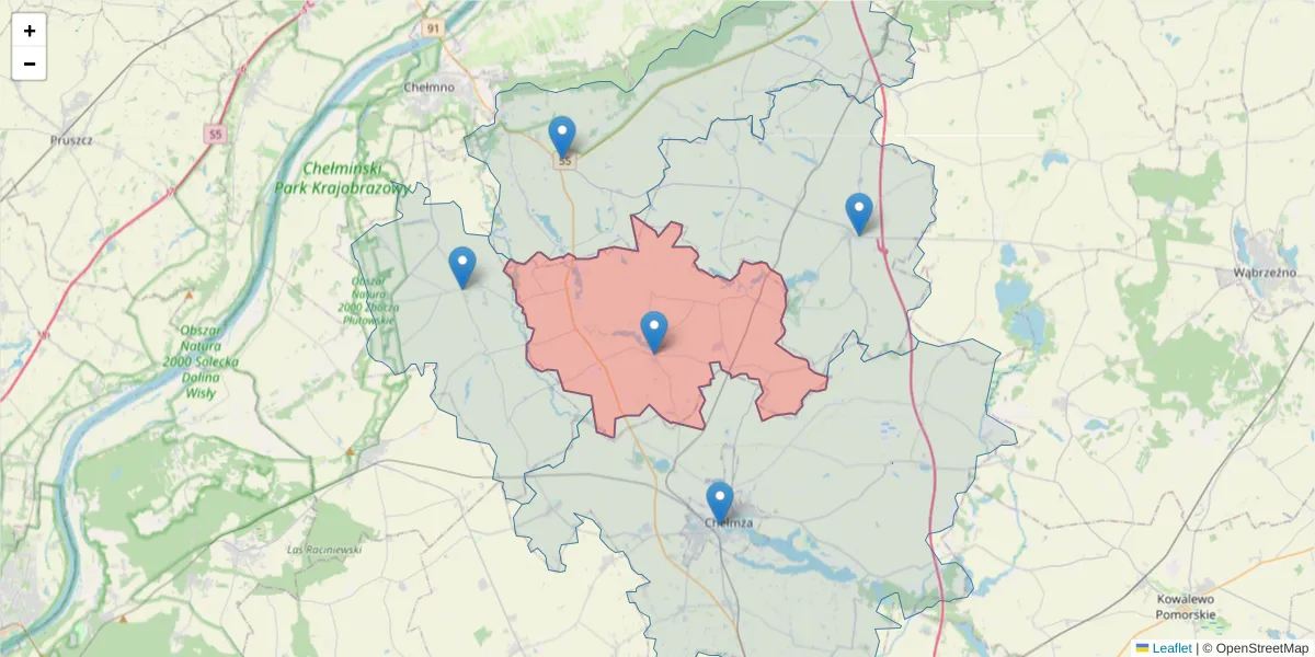 Szczegółowa mapa kodu pocztowego 86-221 z granicami, sąsiednimi kodami pocztowymi i urzędami pocztowymi