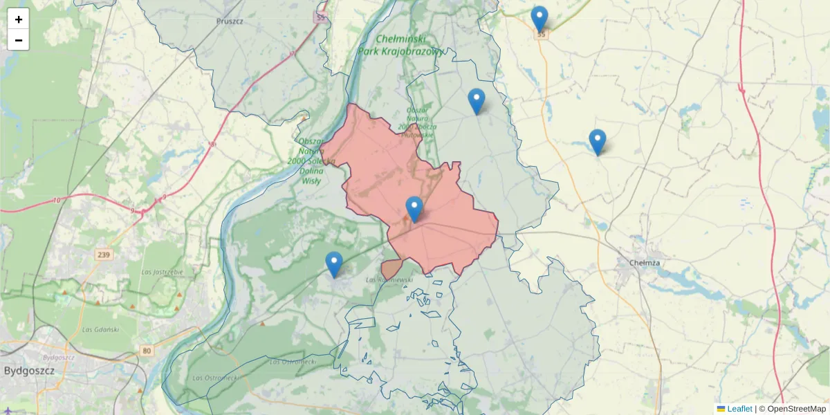 Szczegółowa mapa kodu pocztowego 86-260 z granicami, sąsiednimi kodami pocztowymi i urzędami pocztowymi