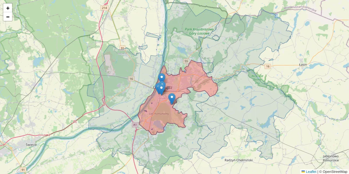 Szczegółowa mapa kodu pocztowego 86-300 z granicami, sąsiednimi kodami pocztowymi i urzędami pocztowymi