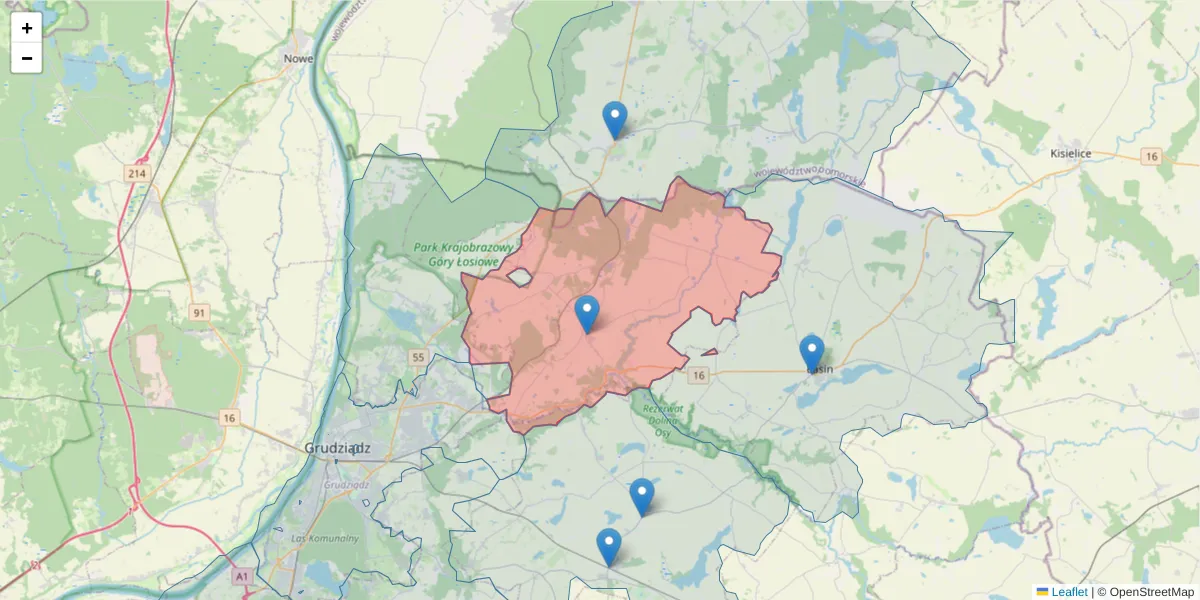 Szczegółowa mapa kodu pocztowego 86-318 z granicami, sąsiednimi kodami pocztowymi i urzędami pocztowymi