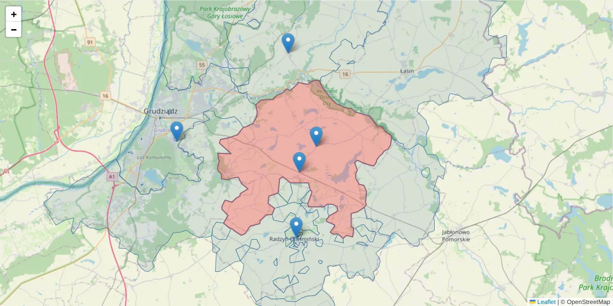 Szczegółowa mapa kodu pocztowego 86-330 z granicami, sąsiednimi kodami pocztowymi i urzędami pocztowymi