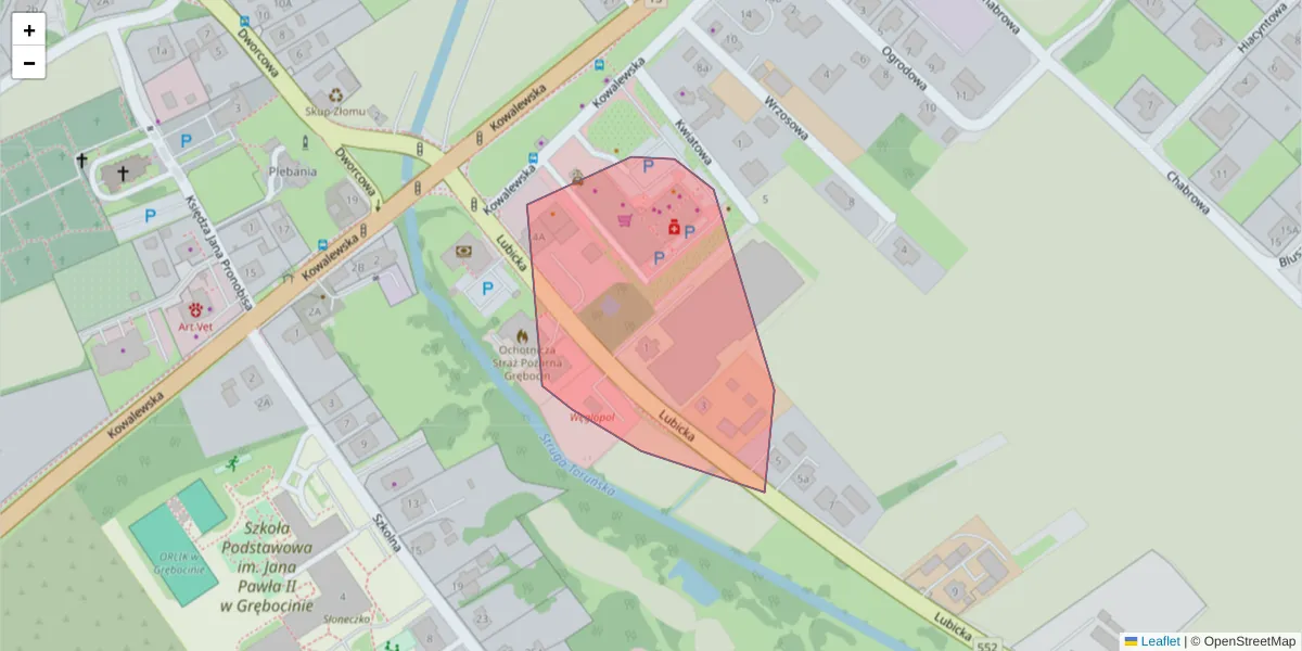 Szczegółowa mapa kodu pocztowego 87-122 z granicami, sąsiednimi kodami pocztowymi i urzędami pocztowymi