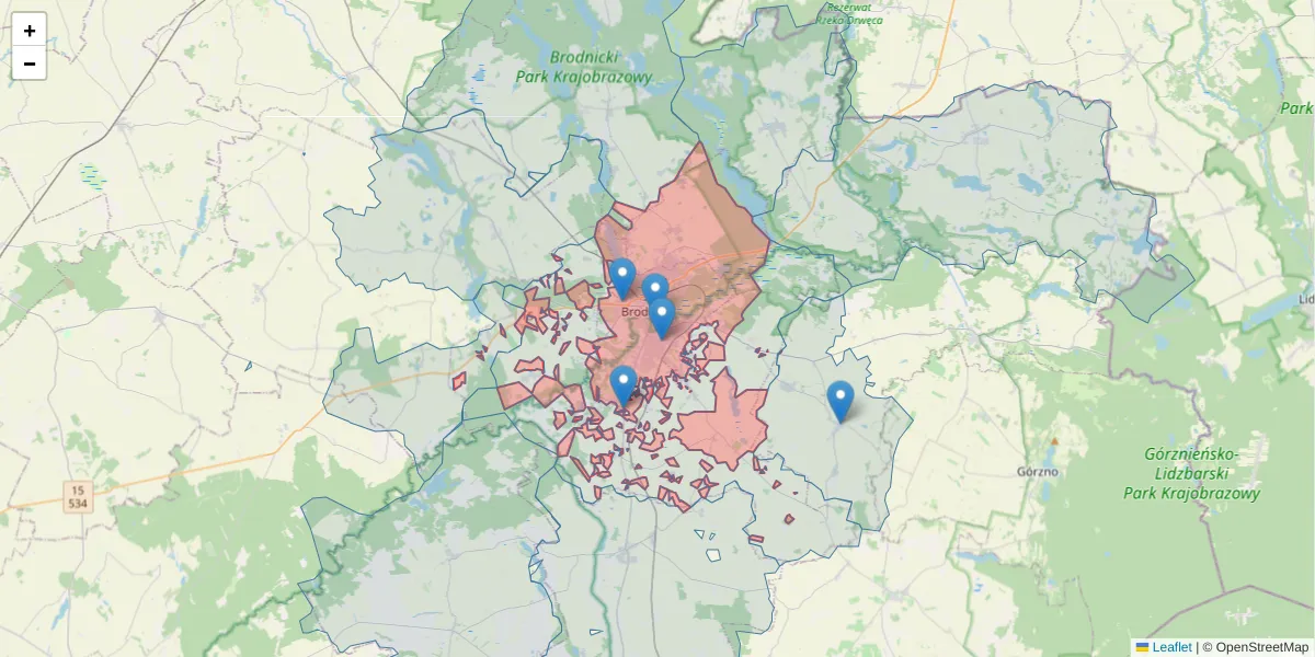Szczegółowa mapa kodu pocztowego 87-300 z granicami, sąsiednimi kodami pocztowymi i urzędami pocztowymi