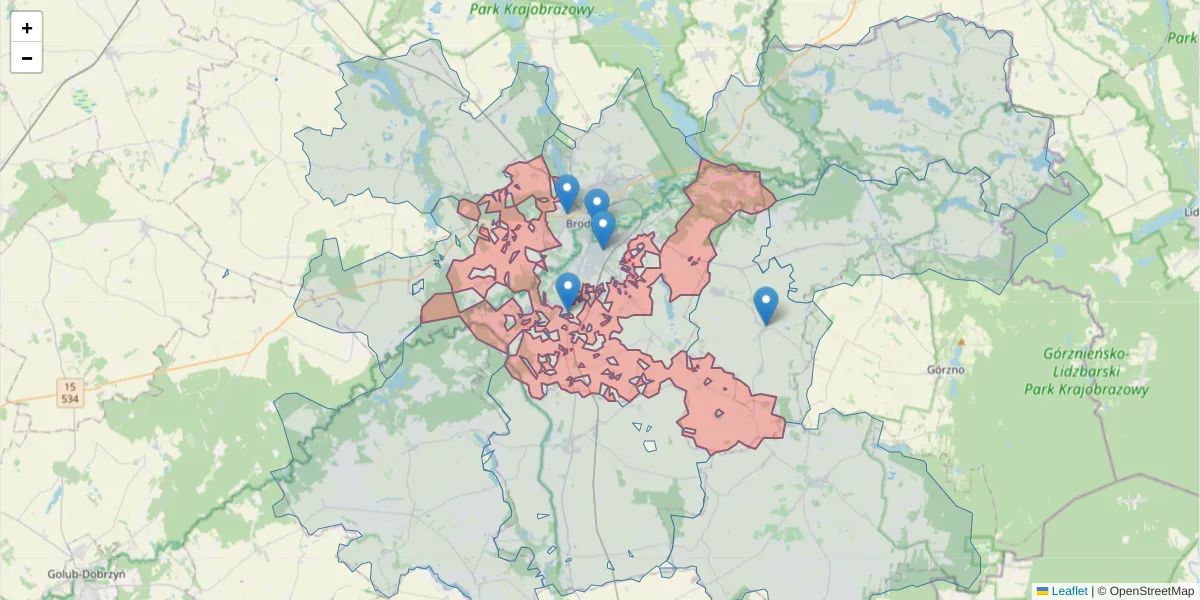 Szczegółowa mapa kodu pocztowego 87-301 z granicami, sąsiednimi kodami pocztowymi i urzędami pocztowymi