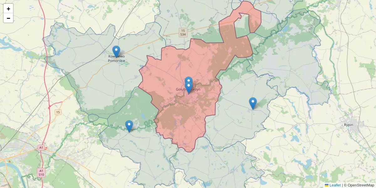 Szczegółowa mapa kodu pocztowego 87-400 z granicami, sąsiednimi kodami pocztowymi i urzędami pocztowymi