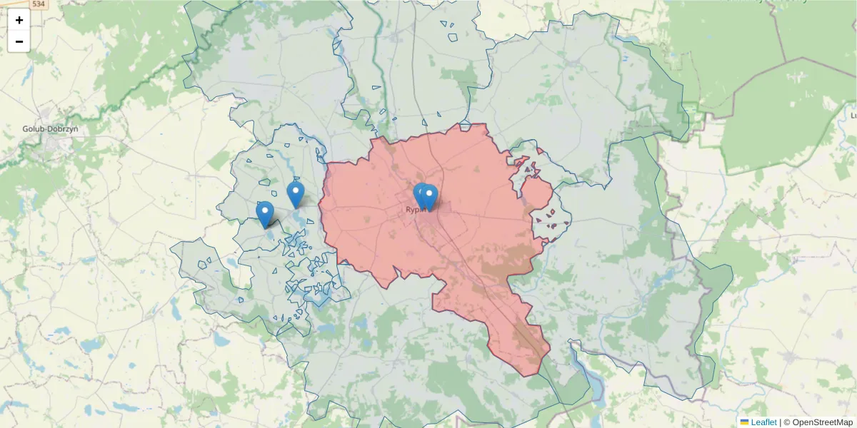 Szczegółowa mapa kodu pocztowego 87-500 z granicami, sąsiednimi kodami pocztowymi i urzędami pocztowymi