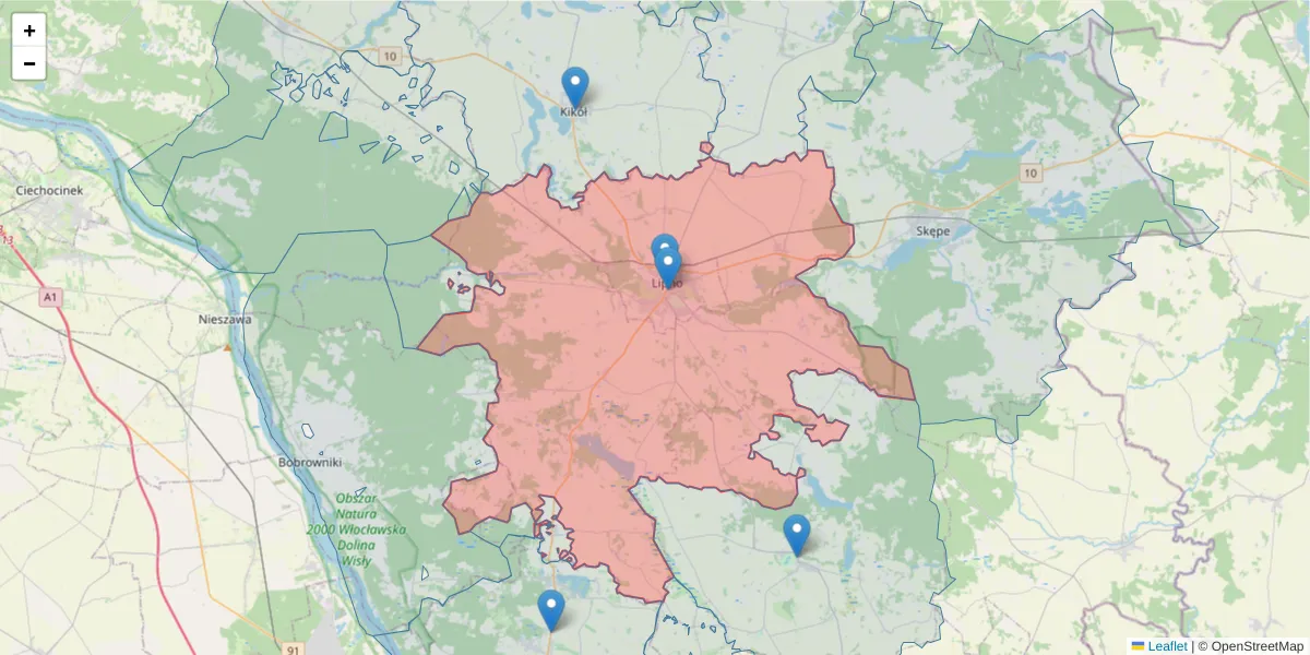 Szczegółowa mapa kodu pocztowego 87-600 z granicami, sąsiednimi kodami pocztowymi i urzędami pocztowymi