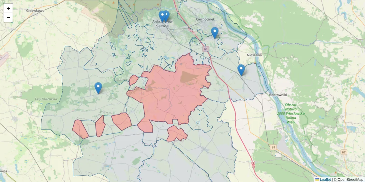 Szczegółowa mapa kodu pocztowego 87-702 z granicami, sąsiednimi kodami pocztowymi i urzędami pocztowymi