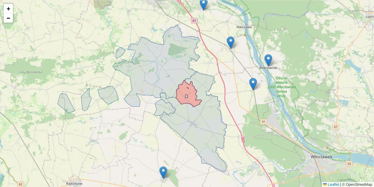 Szczegółowa mapa kodu pocztowego 87-703 z granicami, sąsiednimi kodami pocztowymi i urzędami pocztowymi