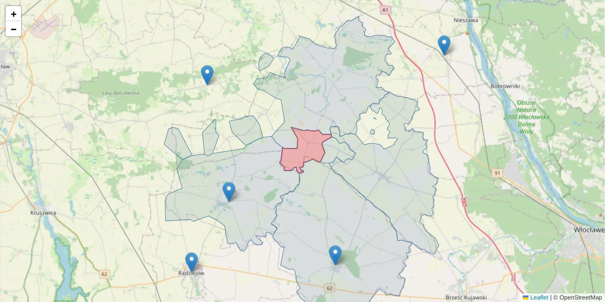 Szczegółowa mapa kodu pocztowego 87-705 z granicami, sąsiednimi kodami pocztowymi i urzędami pocztowymi