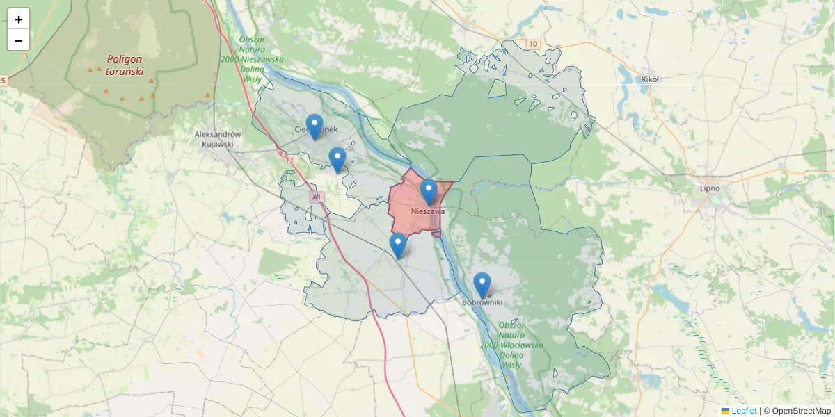Szczegółowa mapa kodu pocztowego 87-730 z granicami, sąsiednimi kodami pocztowymi i urzędami pocztowymi