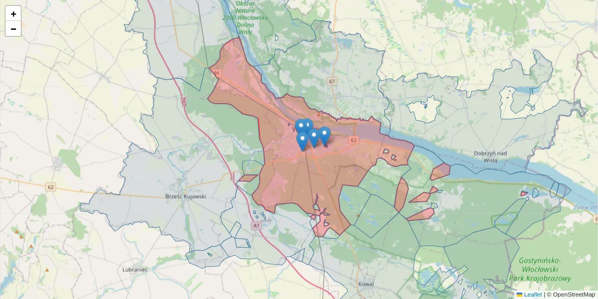 Szczegółowa mapa kodu pocztowego 87-800 z granicami, sąsiednimi kodami pocztowymi i urzędami pocztowymi