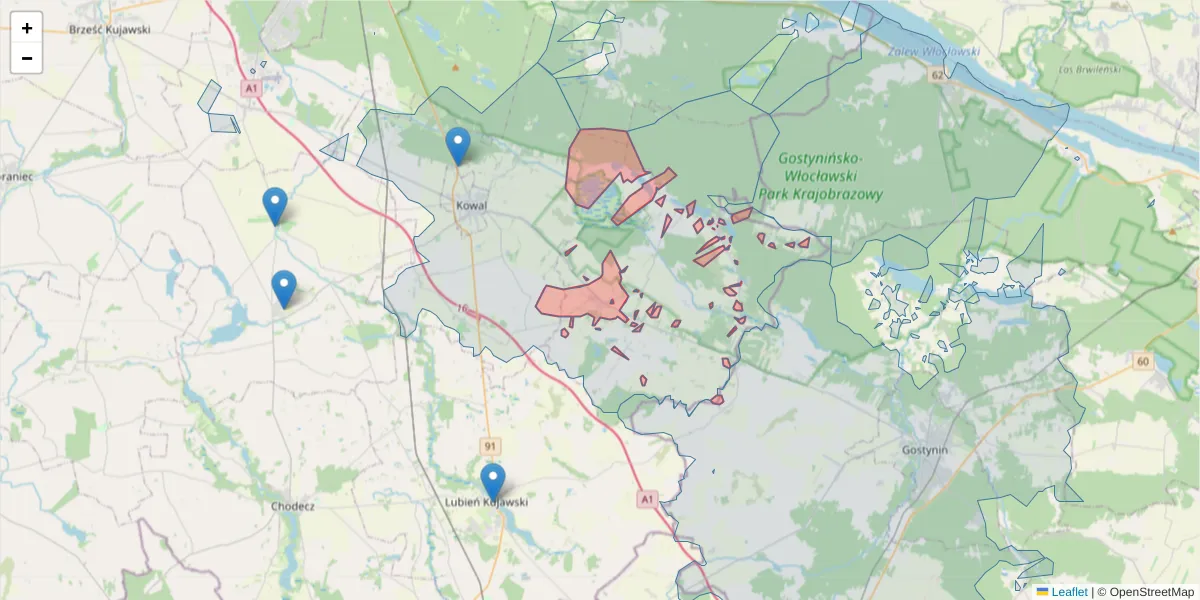 Szczegółowa mapa kodu pocztowego 87-821 z granicami, sąsiednimi kodami pocztowymi i urzędami pocztowymi