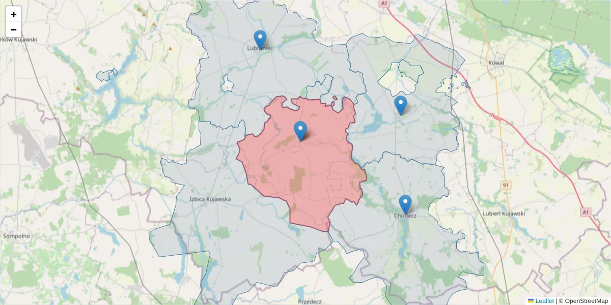 Szczegółowa mapa kodu pocztowego 87-851 z granicami, sąsiednimi kodami pocztowymi i urzędami pocztowymi