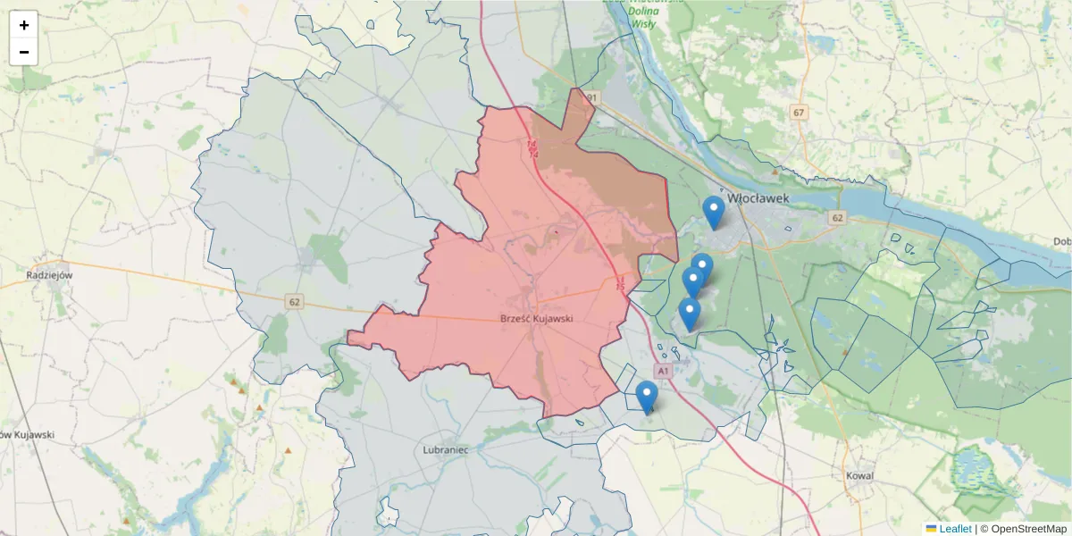 Szczegółowa mapa kodu pocztowego 87-880 z granicami, sąsiednimi kodami pocztowymi i urzędami pocztowymi