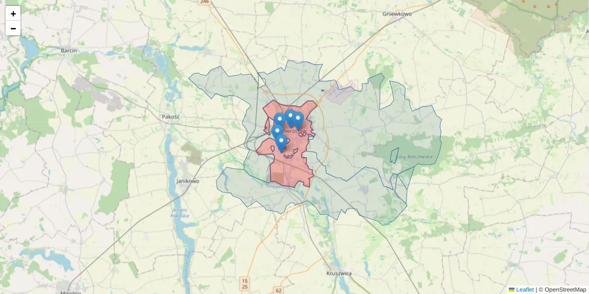Szczegółowa mapa kodu pocztowego 88-100 z granicami, sąsiednimi kodami pocztowymi i urzędami pocztowymi