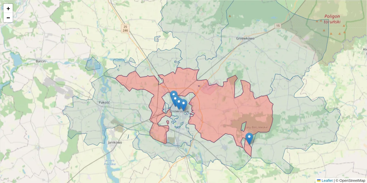 Szczegółowa mapa kodu pocztowego 88-110 z granicami, sąsiednimi kodami pocztowymi i urzędami pocztowymi