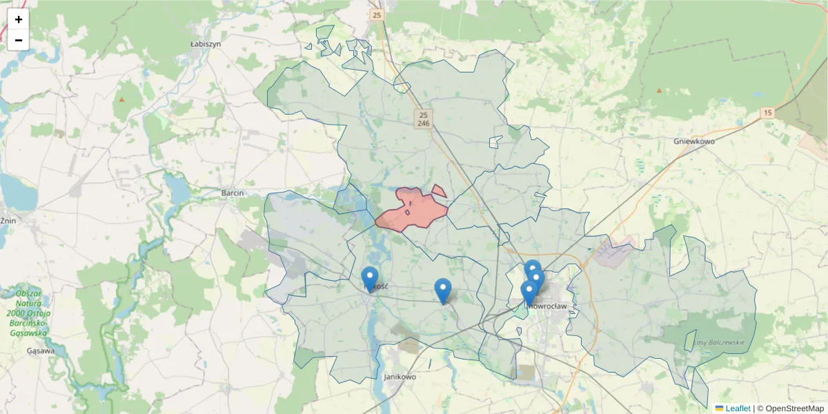 Szczegółowa mapa kodu pocztowego 88-126 z granicami, sąsiednimi kodami pocztowymi i urzędami pocztowymi