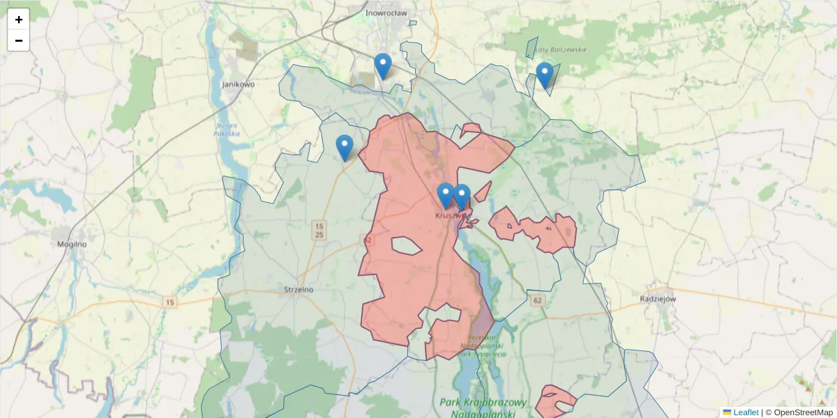 Szczegółowa mapa kodu pocztowego 88-150 z granicami, sąsiednimi kodami pocztowymi i urzędami pocztowymi