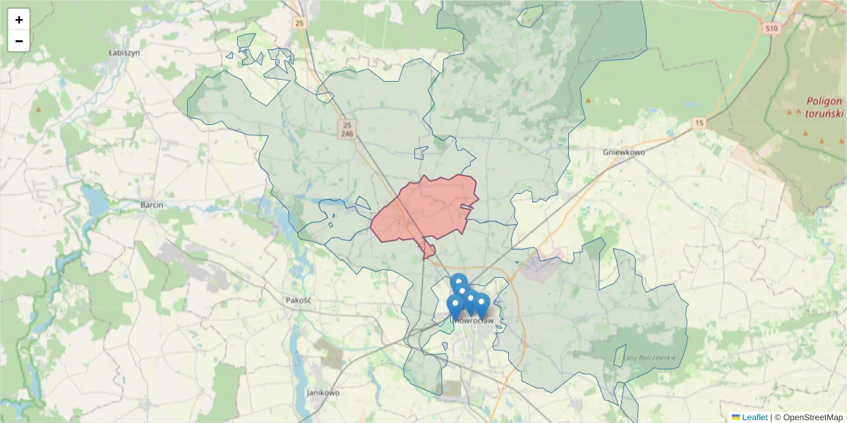 Szczegółowa mapa kodu pocztowego 88-181 z granicami, sąsiednimi kodami pocztowymi i urzędami pocztowymi