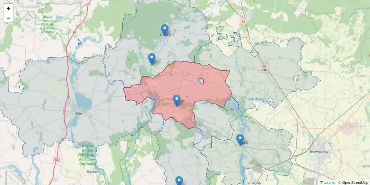 Szczegółowa mapa kodu pocztowego 88-190 z granicami, sąsiednimi kodami pocztowymi i urzędami pocztowymi