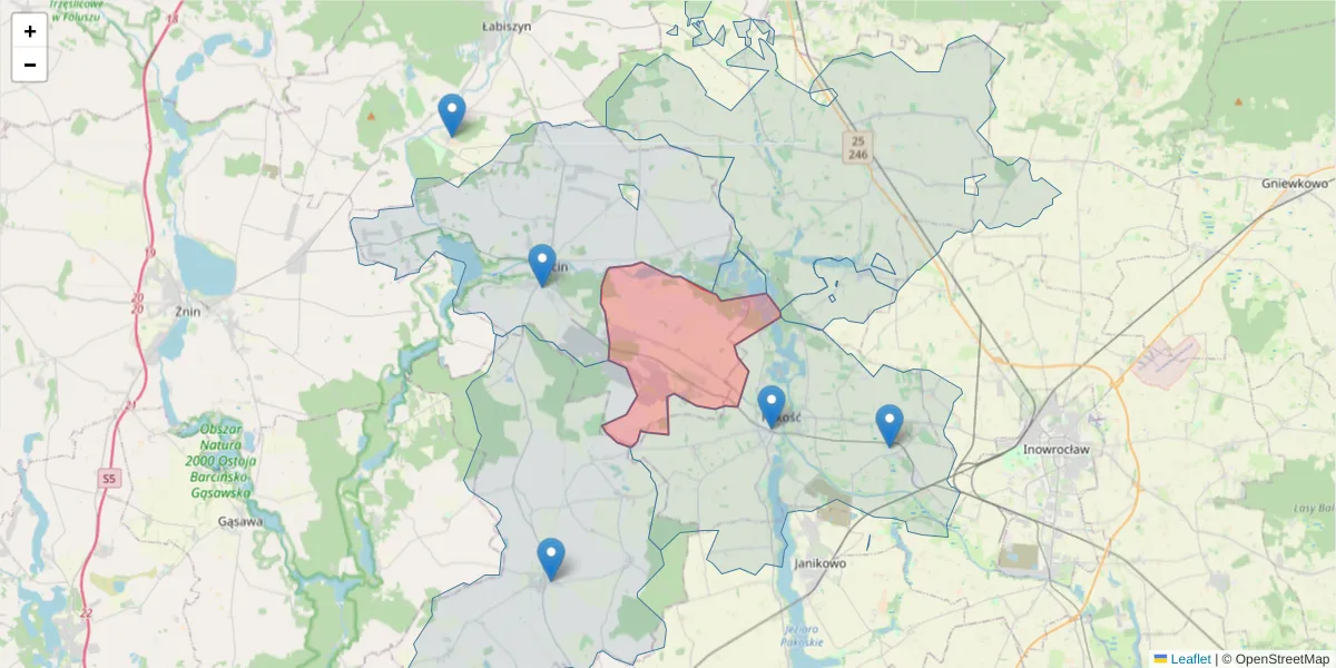 Szczegółowa mapa kodu pocztowego 88-192 z granicami, sąsiednimi kodami pocztowymi i urzędami pocztowymi