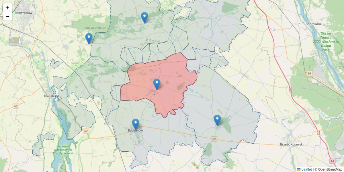 Szczegółowa mapa kodu pocztowego 88-210 z granicami, sąsiednimi kodami pocztowymi i urzędami pocztowymi
