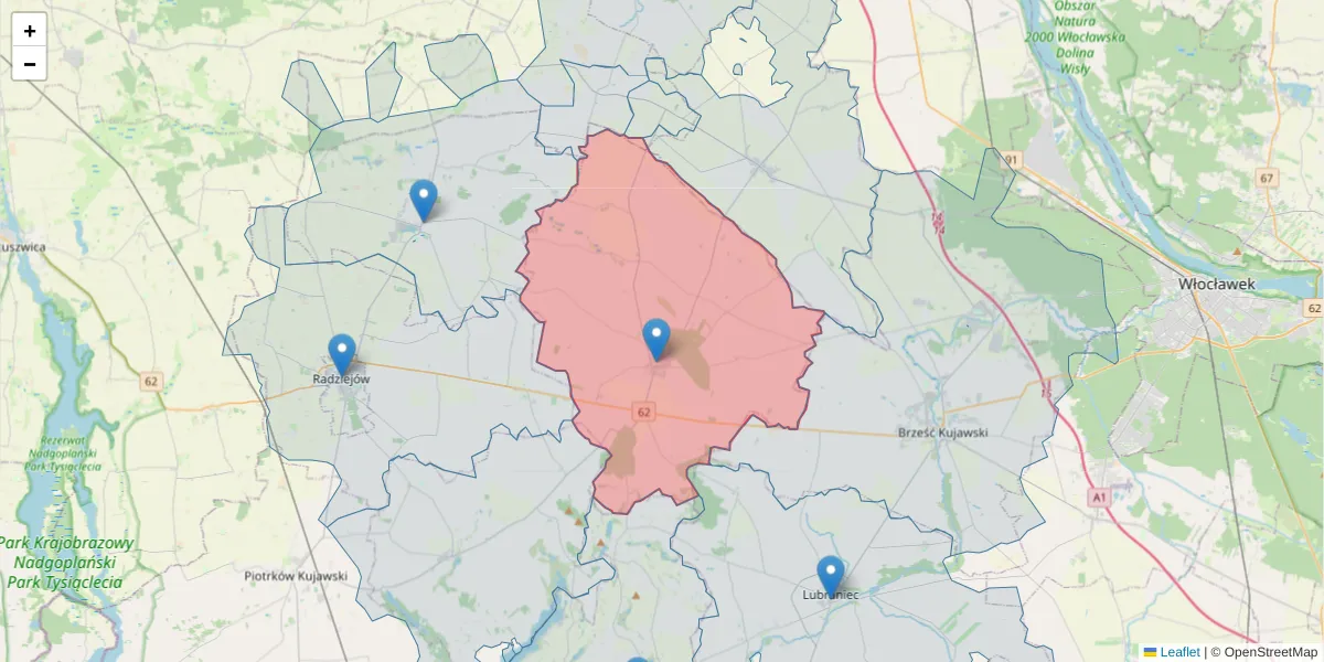 Szczegółowa mapa kodu pocztowego 88-220 z granicami, sąsiednimi kodami pocztowymi i urzędami pocztowymi