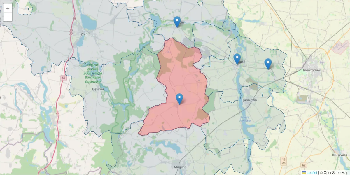Szczegółowa mapa kodu pocztowego 88-306 z granicami, sąsiednimi kodami pocztowymi i urzędami pocztowymi
