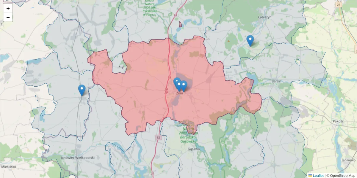 Szczegółowa mapa kodu pocztowego 88-400 z granicami, sąsiednimi kodami pocztowymi i urzędami pocztowymi