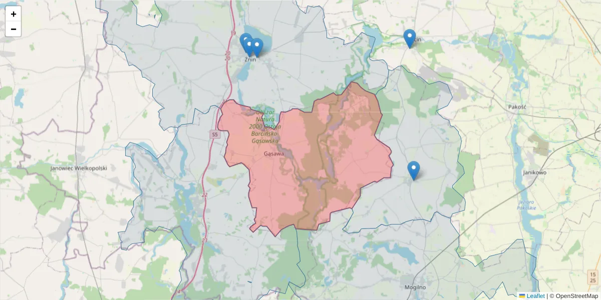Szczegółowa mapa kodu pocztowego 88-410 z granicami, sąsiednimi kodami pocztowymi i urzędami pocztowymi