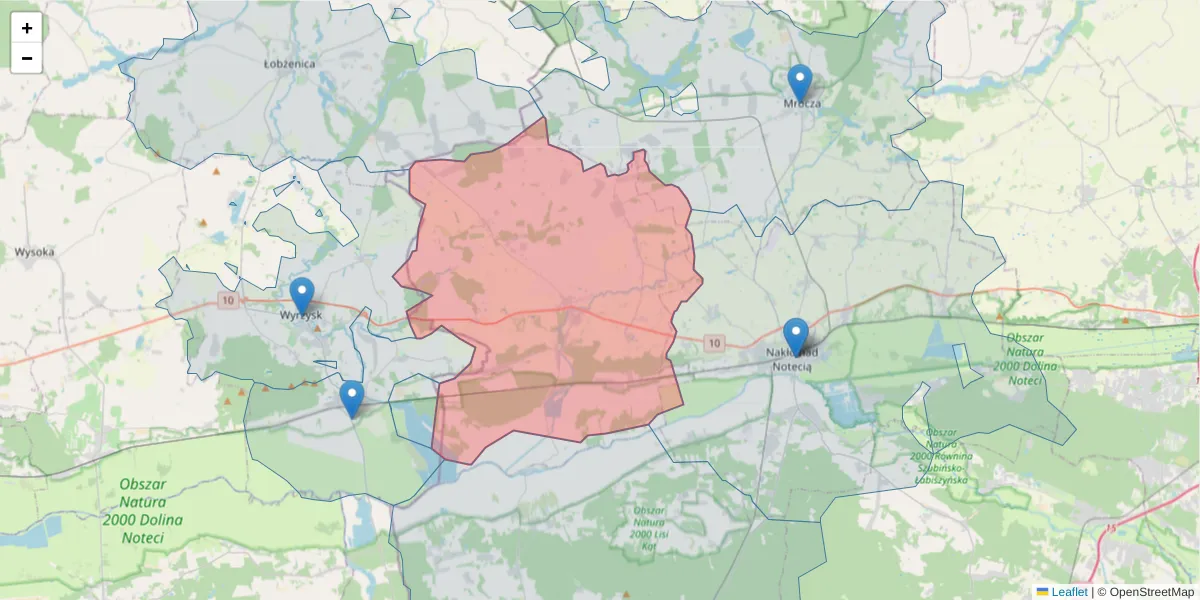 Szczegółowa mapa kodu pocztowego 89-110 z granicami, sąsiednimi kodami pocztowymi i urzędami pocztowymi