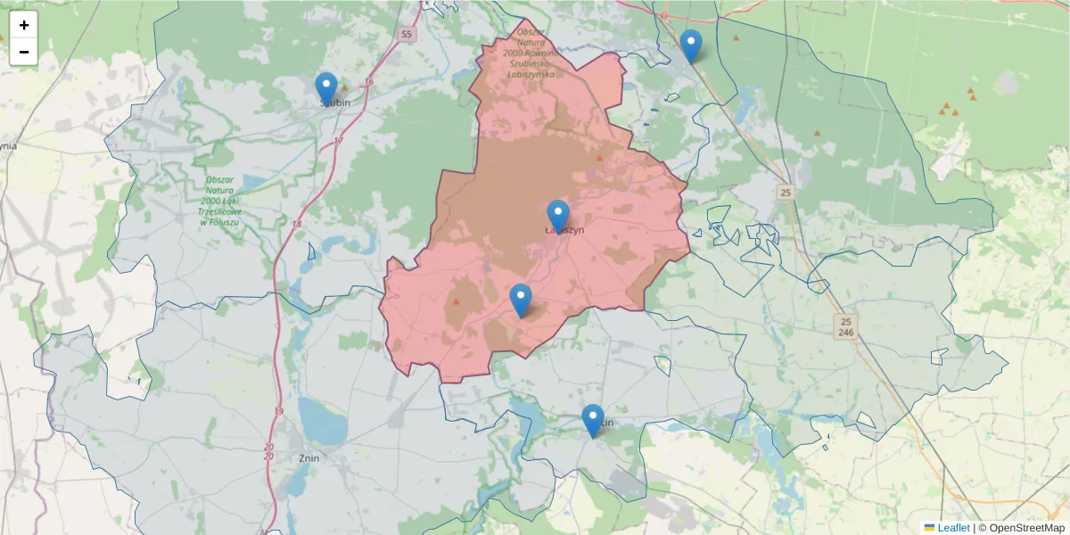 Szczegółowa mapa kodu pocztowego 89-210 z granicami, sąsiednimi kodami pocztowymi i urzędami pocztowymi