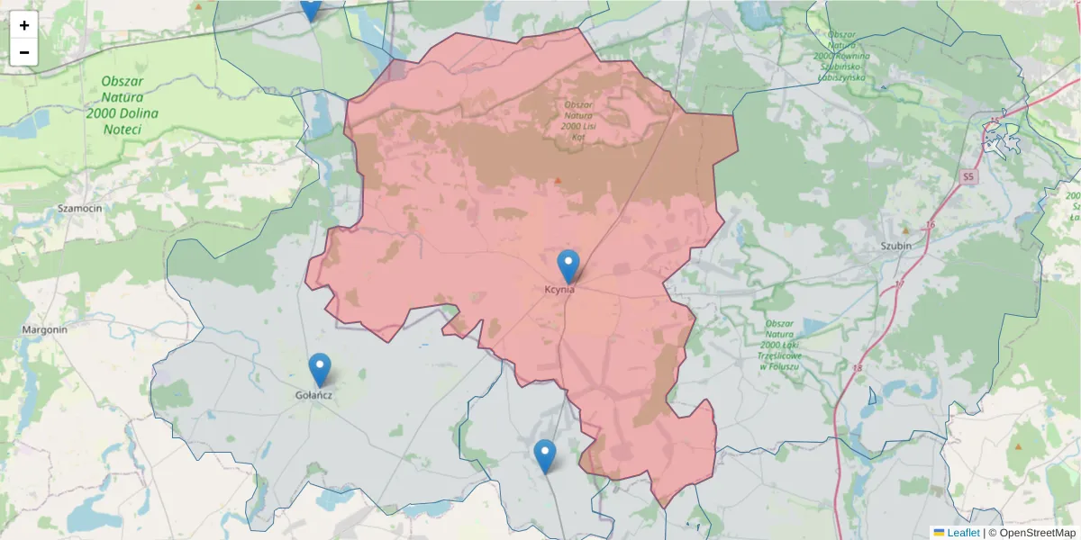 Szczegółowa mapa kodu pocztowego 89-240 z granicami, sąsiednimi kodami pocztowymi i urzędami pocztowymi