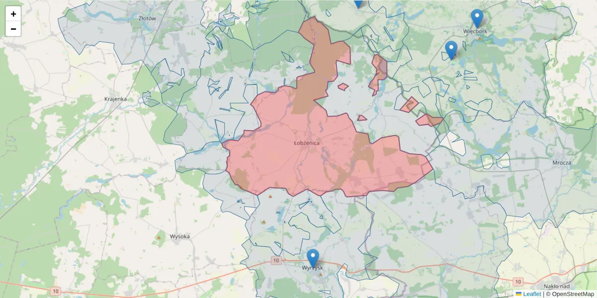 Szczegółowa mapa kodu pocztowego 89-310 z granicami, sąsiednimi kodami pocztowymi i urzędami pocztowymi