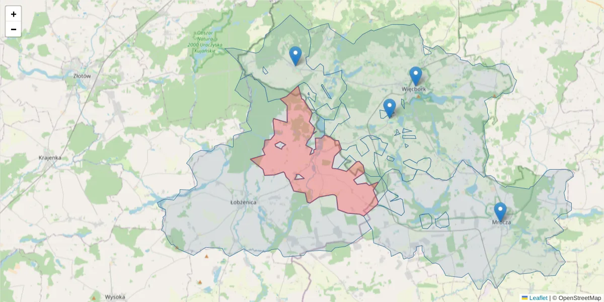 Szczegółowa mapa kodu pocztowego 89-312 z granicami, sąsiednimi kodami pocztowymi i urzędami pocztowymi