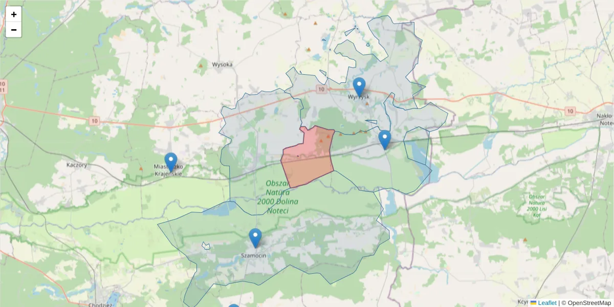 Szczegółowa mapa kodu pocztowego 89-334 z granicami, sąsiednimi kodami pocztowymi i urzędami pocztowymi