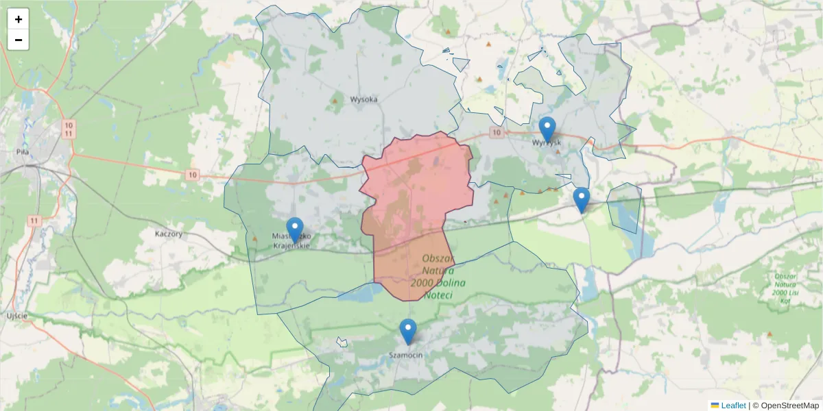 Szczegółowa mapa kodu pocztowego 89-340 z granicami, sąsiednimi kodami pocztowymi i urzędami pocztowymi