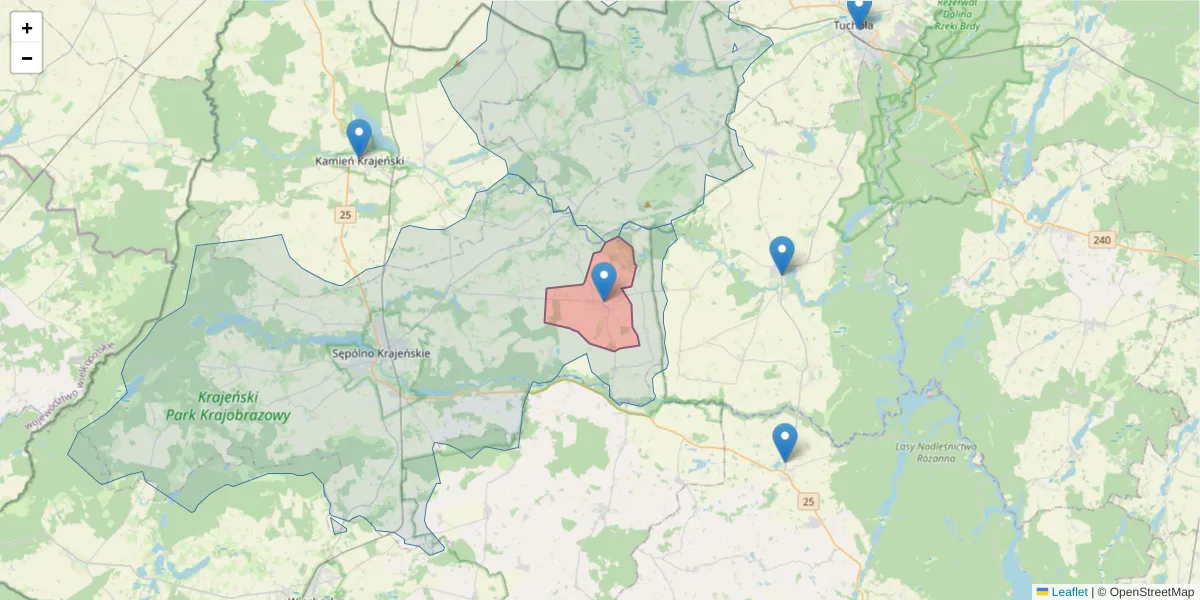 Szczegółowa mapa kodu pocztowego 89-405 z granicami, sąsiednimi kodami pocztowymi i urzędami pocztowymi