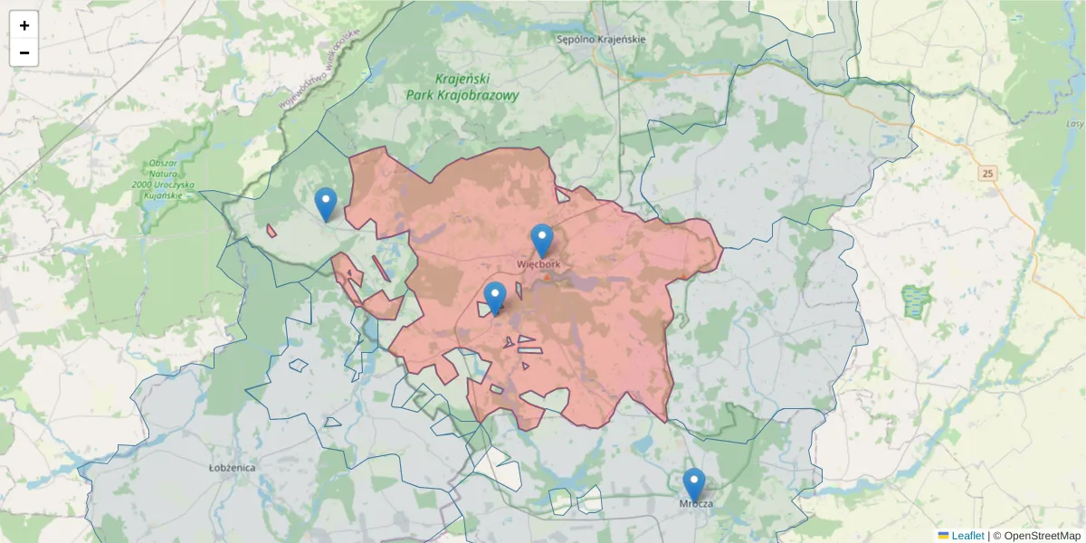 Szczegółowa mapa kodu pocztowego 89-410 z granicami, sąsiednimi kodami pocztowymi i urzędami pocztowymi